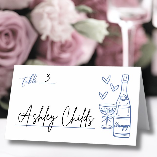 Hand Drawn Whimsical Blue Wedding Place Card (Hand Drawn Whimsical Blue Wedding Place Card)