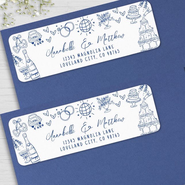 Hand Drawn Whimsical Blue Wedding Return Address (Hand Drawn Whimsical Blue Wedding Return Address label )