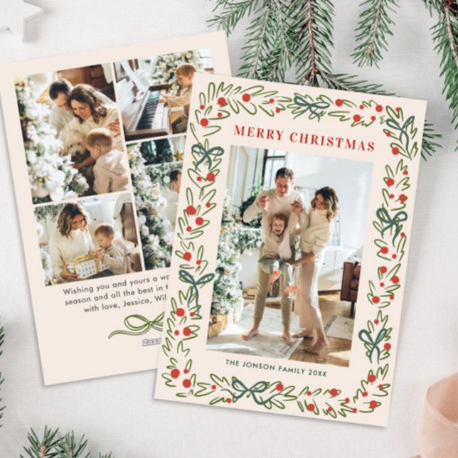 Hand Drawn Whimsical Boho Christmas 5 Photo Holiday Card (Creator Uploaded)