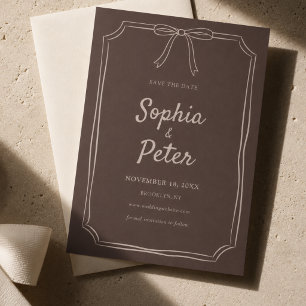 Hand Drawn Whimsical Bow Brown and Tan Wedding Save The Date