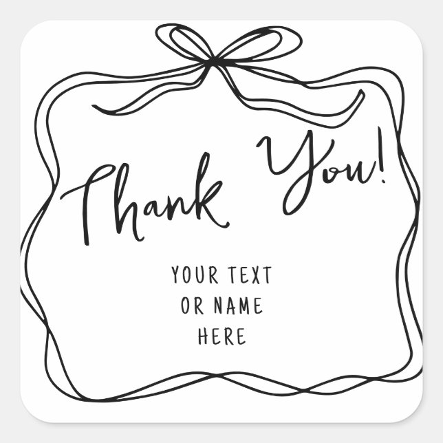 Hand Drawn Whimsical Bow Thank You Typography Square Sticker (Front)