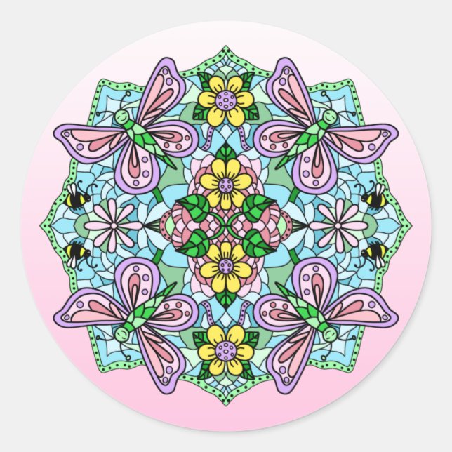 Hand Drawn Whimsical Butterfly Mandala  Classic Round Sticker (Front)
