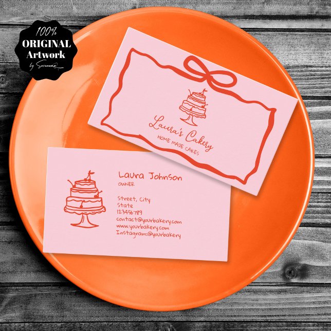 Hand Drawn Whimsical Cakes Pastry Bakery Logo Business Card (red and pink hand drawn doodle bow and cake)