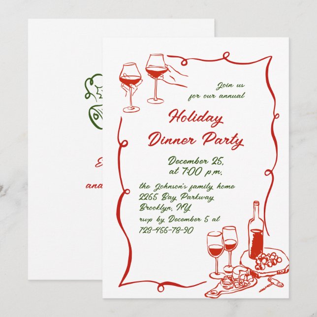Hand Drawn Whimsical Christmas Holiday Dinner Invitation (Front/Back)