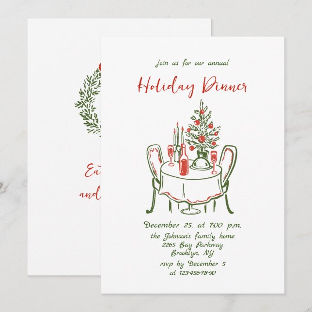 Hand Drawn Whimsical Christmas Holiday Dinner Invitation (Front/Back)