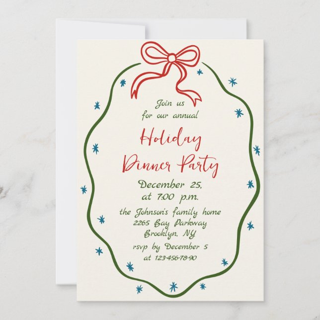 Hand Drawn Whimsical Christmas Holiday Dinner Invitation (Front)