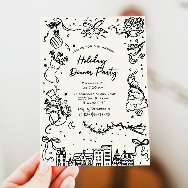 Hand Drawn Whimsical Christmas Holiday Dinner Invitation (Creator Uploaded)