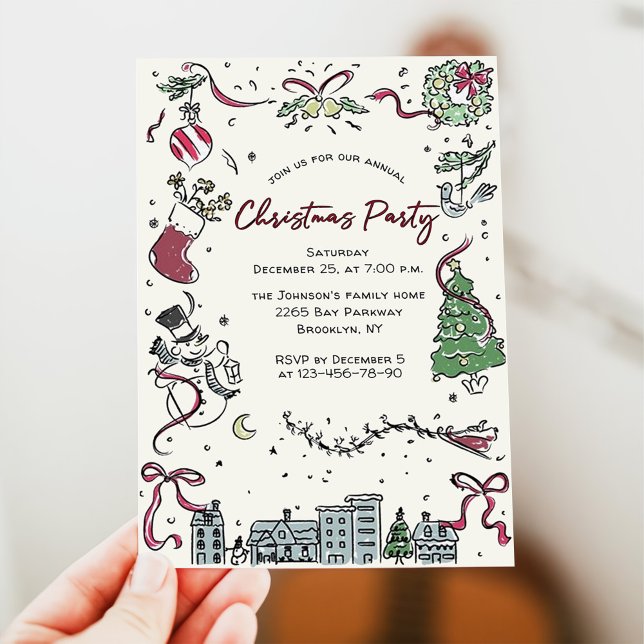 Hand Drawn Whimsical Christmas Holiday Party Invitation (Creator Uploaded)