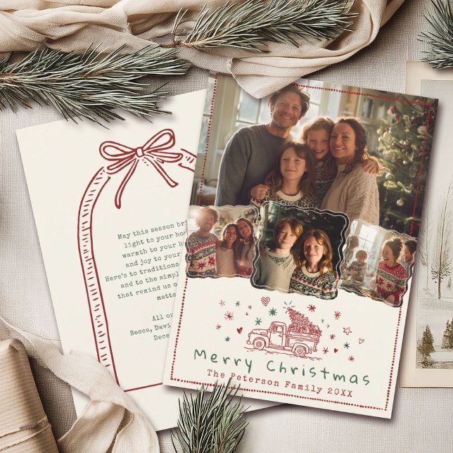 Hand Drawn Whimsical Christmas Truck 4 Photo Holiday Card (Creator Uploaded)