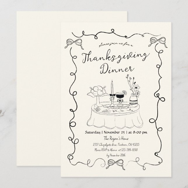 Hand Drawn Whimsical Dinner Table Thanksgiving  Invitation (Front/Back)