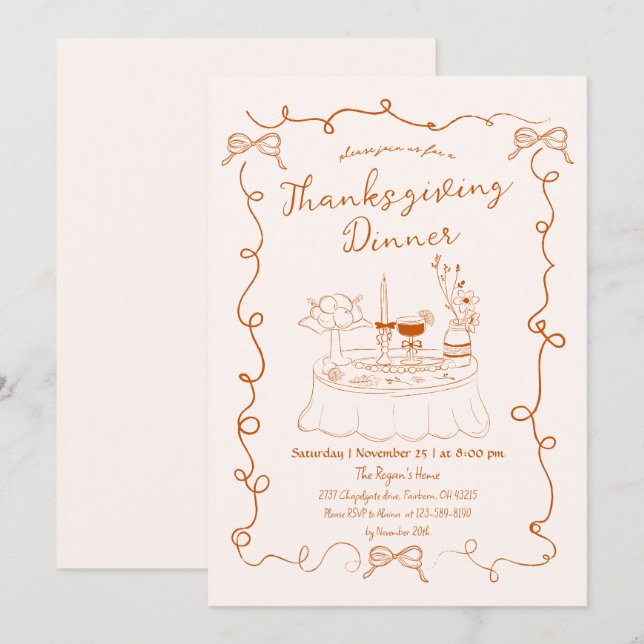 Hand Drawn Whimsical Dinner Table Thanksgiving  Invitation (Front/Back)