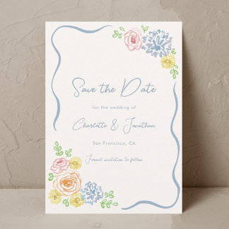 Hand Drawn Whimsical Floral Pastel Wedding Save The Date