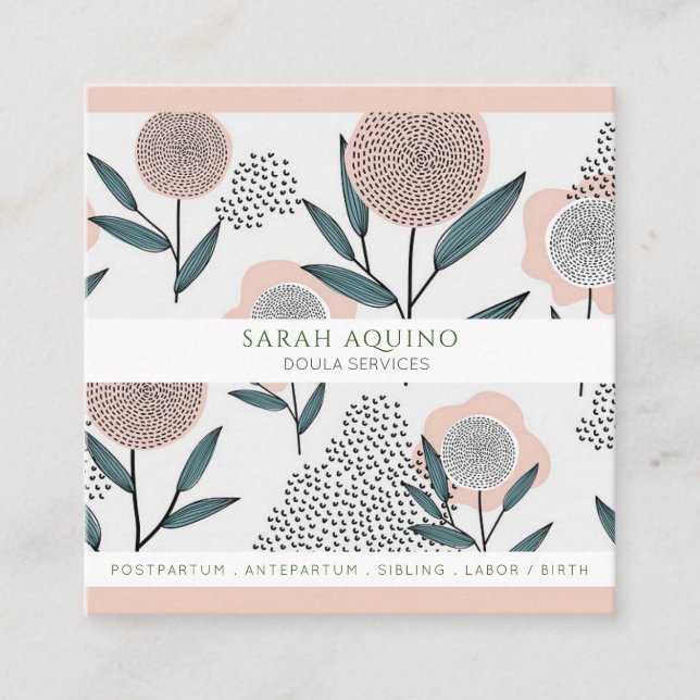 Hand Drawn Whimsical Florals Peach & Green Doula Square Business Card (Front)