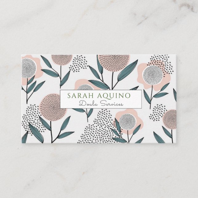 Hand Drawn Whimsical Flowers Doula Birth Services Business Card (Front)