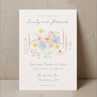 Hand drawn Whimsical Funky French Pastel Wedding Invitation