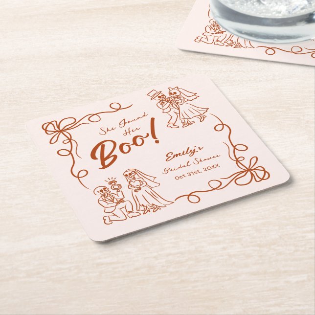 Hand Drawn Whimsical Halloween Bridal Shower Square Paper Coaster (Angled)