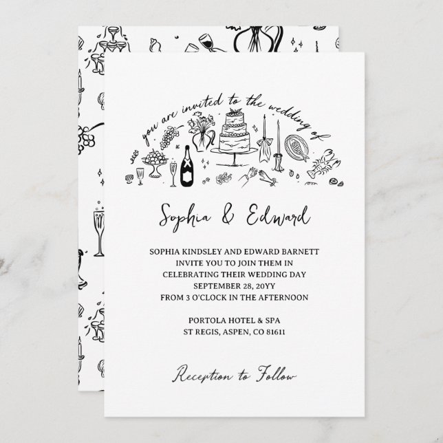 Hand-drawn whimsical line art wedding style invitation (Front/Back)