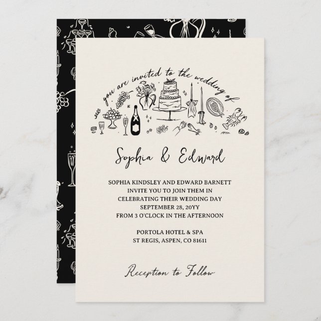 Hand-drawn whimsical line art wedding style invitation (Front/Back)