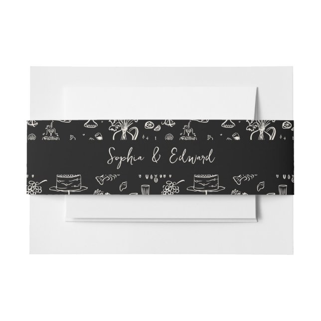 Hand-drawn whimsical line art wedding style invitation belly band (Front Example)