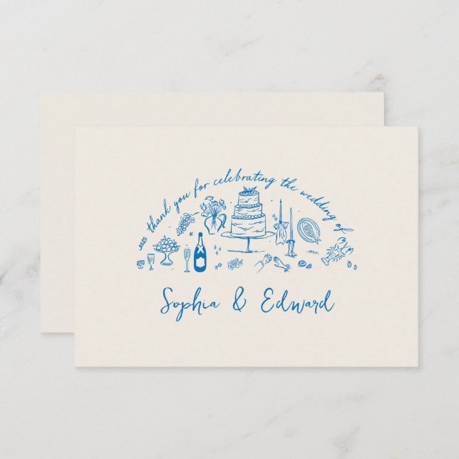 Hand-drawn whimsical line art wedding style thank you card (Front/Back)