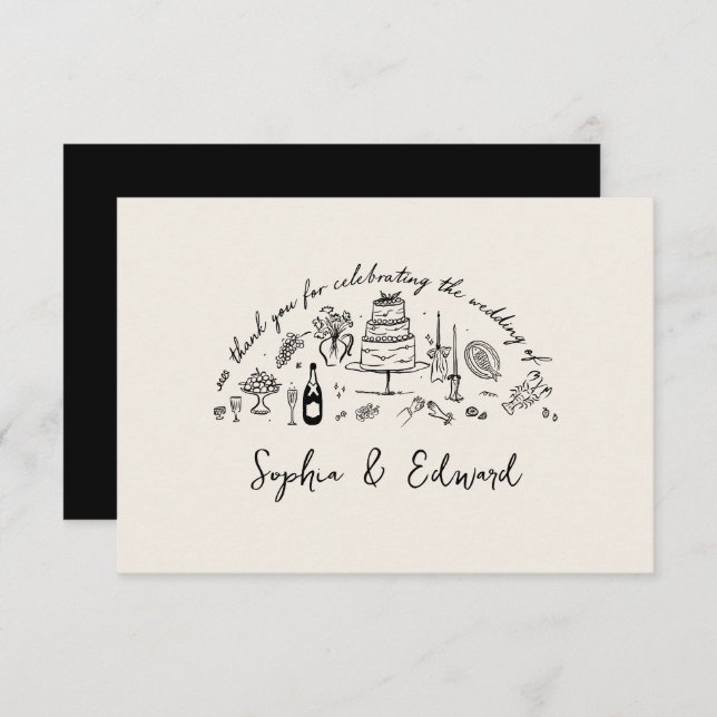 Hand-drawn whimsical line art wedding style thank you card (Front/Back)
