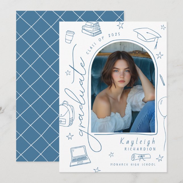 Hand Drawn Whimsical Photo Graduation Announcement (Front/Back)