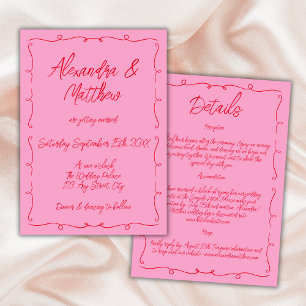 Hand Drawn Whimsical Pink And Red Funky Wedding Invitation