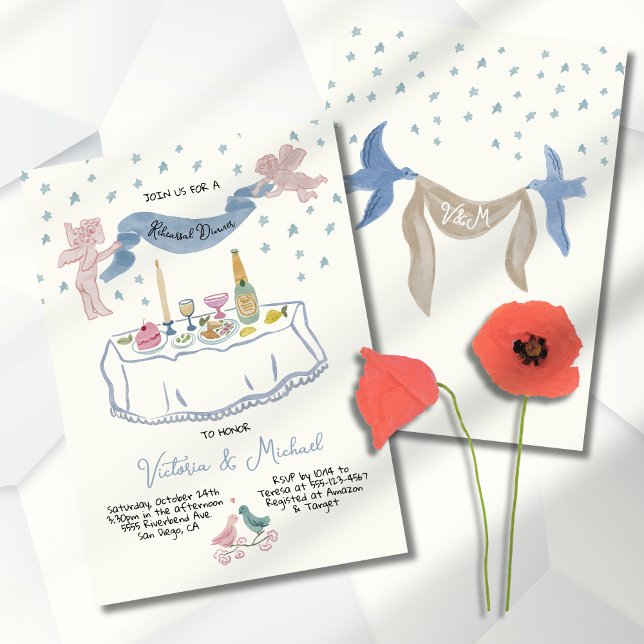 Hand drawn whimsical rehearsal dinner cupids invitation (Creator Uploaded)