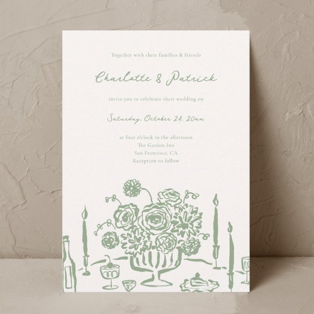 Hand drawn Whimsical Sage Green Wedding Invitation (Creator Uploaded)