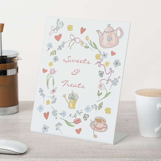 Hand Drawn Whimsical Tea Bridal Shower Dessert Pedestal Sign (In SItu)