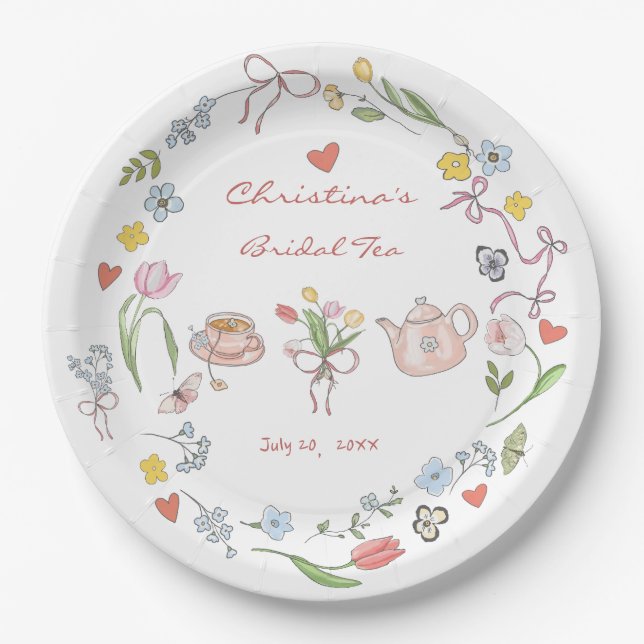 Hand Drawn Whimsical Tea Bridal Shower  Paper Plate (Front)