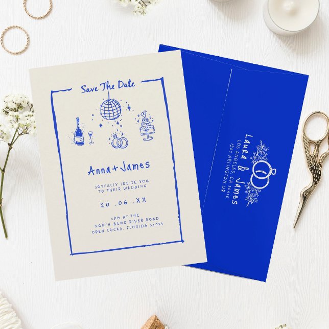  hand drawn whimsical trendy blue funky wedding invitation (Creator Uploaded)