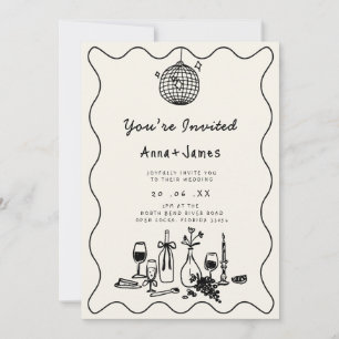 hand drawn whimsical trendy funky wedding invitation