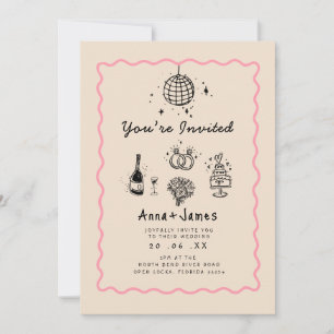 hand drawn whimsical trendy funky wedding invitation
