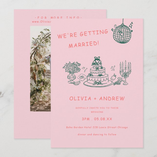 Hand Drawn Whimsical Unique Quirky Wedding Invitation (Front/Back)