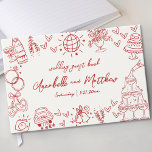 Hand Drawn Whimsical Vintage Red Wedding Guest Book<br><div class="desc">European Inspired Red and White Hand-Drawn Wedding Guest Book. Designed with an off-white or cream background for a vintage vibe, this guest book features playful hand-drawn sketches of wedding details like a disco ball, champagne tower, hearts, bells, and a "Just Married" car for a whimsical yet elegant touch. The front...</div>
