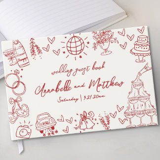 Hand Drawn Whimsical Vintage Red Wedding Guest Book