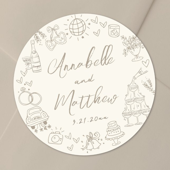 Hand Drawn Whimsical Wedding Classic Round Sticker (Hand Drawn Whimsical Wedding Classic Round Sticker)