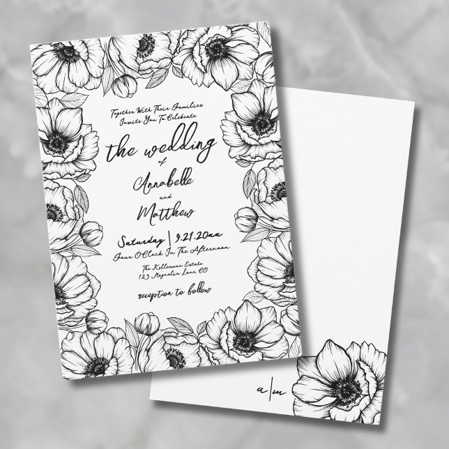 Hand Drawn Whimsical Wedding Invitation (Hand Drawn Whimsical Floral Wedding Invitation)