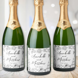 Hand Drawn Whimsical Wedding Sparkling Wine Label
