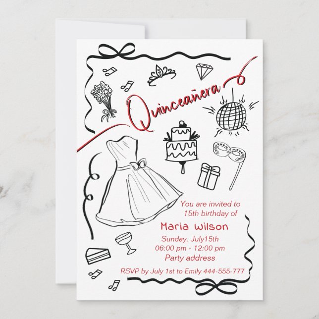 Hand drawn whimsy playful princess Quinceañera Invitation (Front)