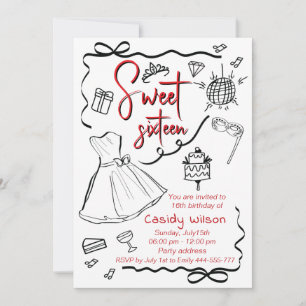 Hand drawn whimsy playful princess sweet 16  invitation