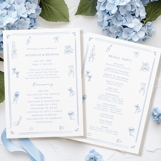 Hand Drawn White and Dusty Blue Wedding Programme (Creator Uploaded)