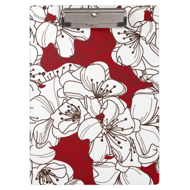 Hand Drawn White Apple Blossom Flowers on Red Clipboard (Front)