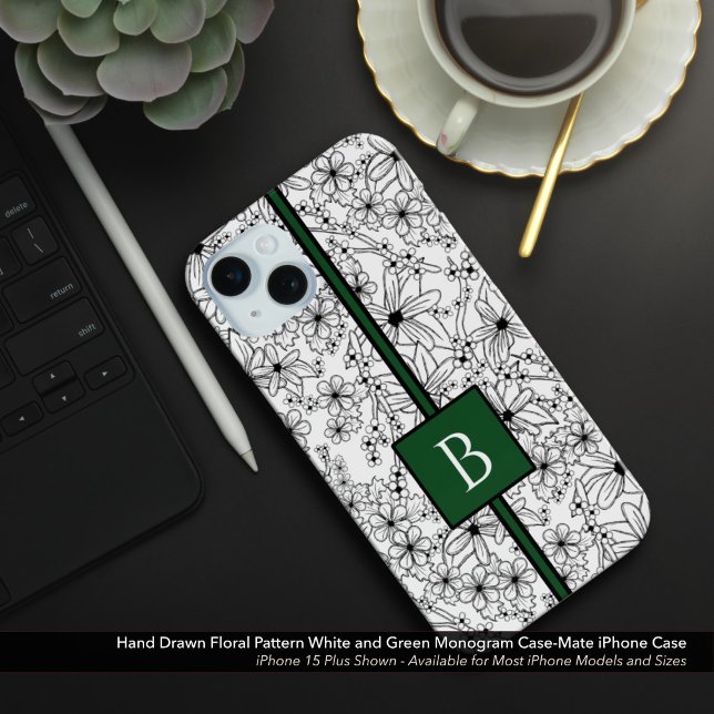 Hand Drawn White Floral Pattern and Green Monogram Case-Mate iPhone Case (Hand Drawn Floral Pattern: White Flowers with Green Monogram Case-Mate iPhone Case)