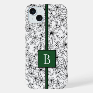 Hand Drawn White Floral Pattern and Green Monogram iPhone 15 Plus Case