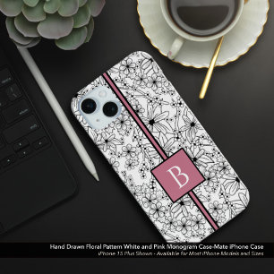Hand Drawn White Floral Pattern and Pink Monogram iPhone 15 Mini Case