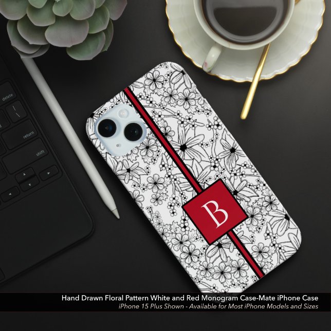 Hand Drawn White Floral Pattern and Red Monogram  Case-Mate iPhone Case (Hand Drawn Floral Pattern: White Flowers with Red Monogram Case-Mate iPhone Case)