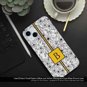 Hand Drawn White Floral Pattern Yellow Monogram iPhone 15 Mini Case