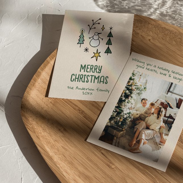 Hand Drawn White Green Snowman Christmas Trees Holiday Card (Creator Uploaded)